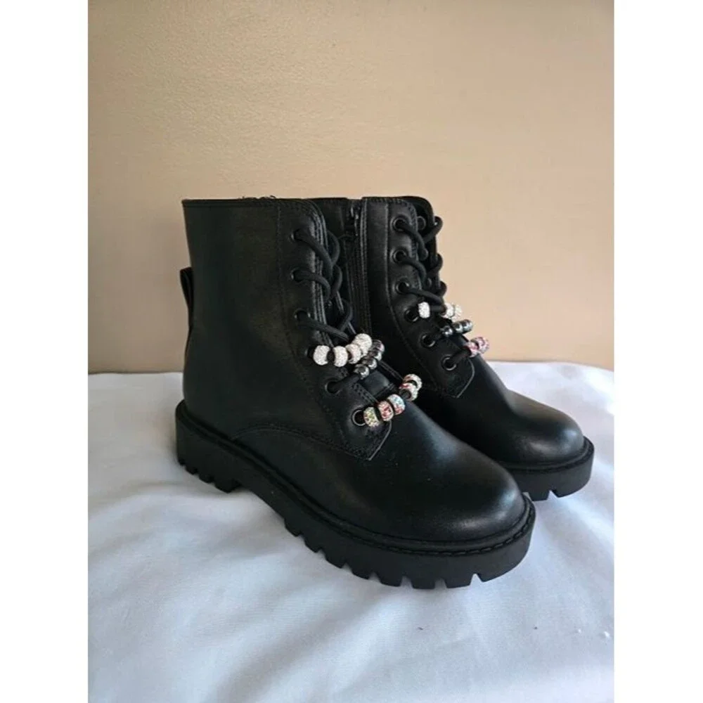 Art Class Bronx Combat Boots - Black with beads - Girls size 2 - NEW